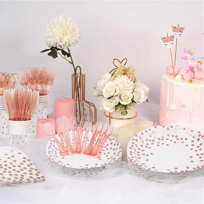 AIRE Pink Rose Gold Paper Plates Set, 175PCS Disposable Dinnerware for 25 | Thick food-grade paper,ideal for elegant weddings birthday graduations,leakproof heavy-duty,eco-friendly party supplies