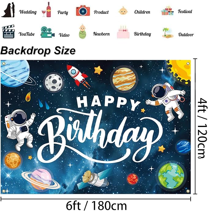 Space Themed Party Backdrop for Children, 6x4ft Cartoon Outer Space Photography Background, Galaxy Starry Sky Decoration Ideal for Kids’ Birthday Parties & Astronomy Enthusiast Events