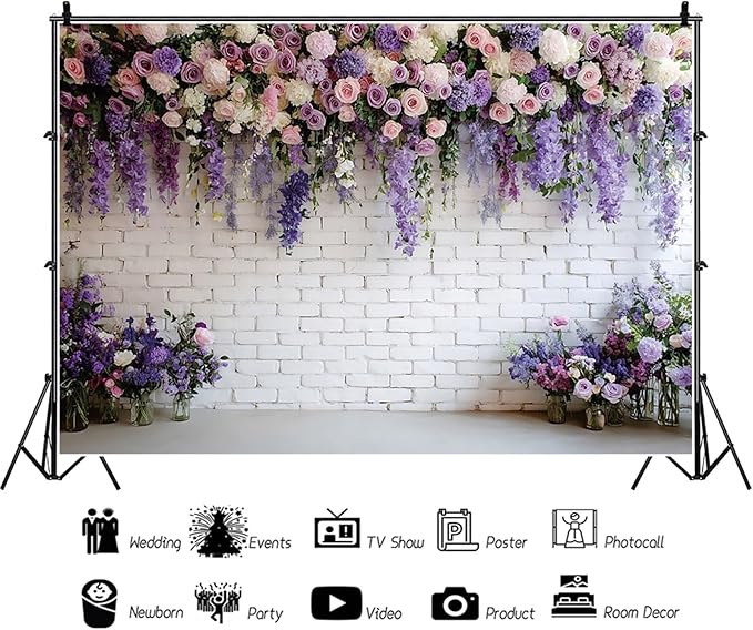 Baocicco Purple Floral Wall Backdrops 10x6.5ft Flowers White Brick Wall Backdrops for Photoshoot Valentine Day Decorations Anniversary Wedding Banner Supplies Birthday Baby Shower Photo Props