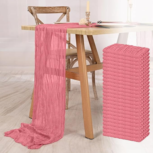 24 Pack Dusty Rose Cheesecloth Table Runner 10FT Boho Gauze Cheese Cloth Table Runner Rustic Sheer Fabric Table Runners for Wedding Bridal Shower Baby Shower Party(21.5×120 Inch)