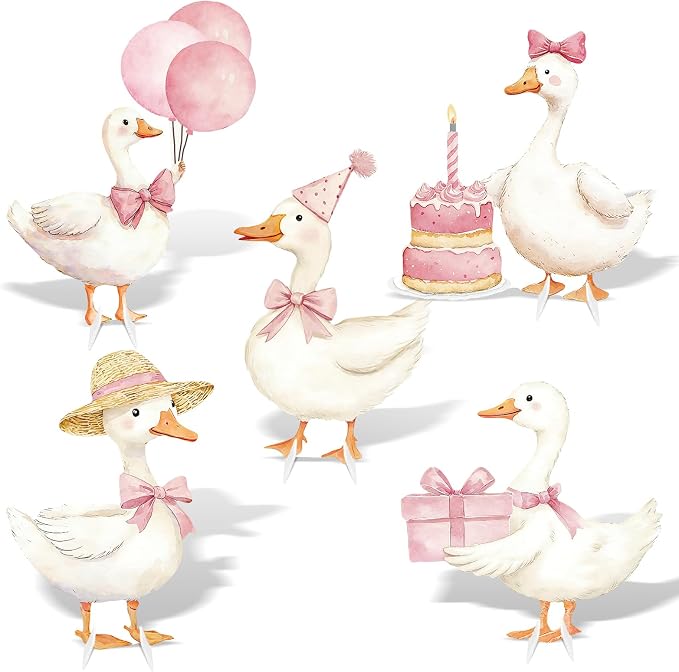 5Pcs Silly Goose Baby Shower Decorations, Pink Large Goose Cardboard Cutout Standup, Geese Birthday Party Sign for Photo Booth Props Backdrop Garden Entrance Decor Cartoon Party Supplies