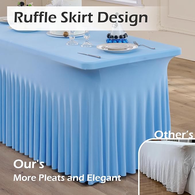 6 pk Baby Blue Spandex Tablecloth 6ft with Ruffle Skirt, Wrinkle Free High Stretch Fitted Tablecloths for 6 Foot Rectangle Tables, Blue Eastic Spandex Table Covers 6ft for Parties Banquet Weddings