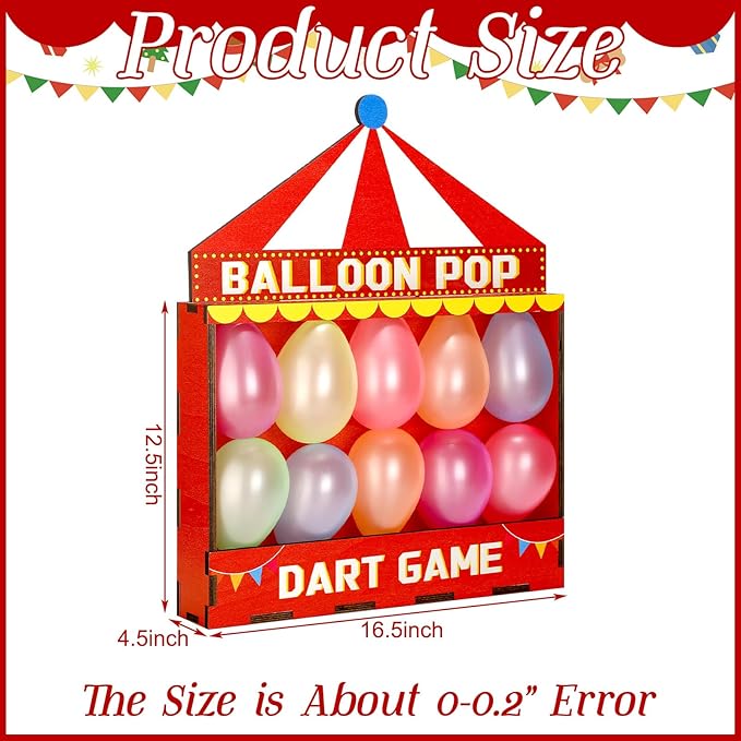 Seenelling Balloon Dart Carnival Game Set Carnival Themed Wooden Box with 500 Balloon 8 Colorful Darts Adhesive Dots for Booth Game Birthday Party Backyard Lawn Event 16.5'' x 12.5'' x 4.5''