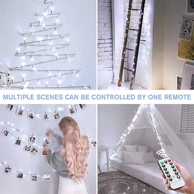 JMEXSUSS White String Lights Battery Operated with Remote, 33ft 100 LED Battery Christmas Lights, 8 Modes Outdoor Indoor Fairy String Lights for Bedroom Wedding Tree Yard Porch Xmas