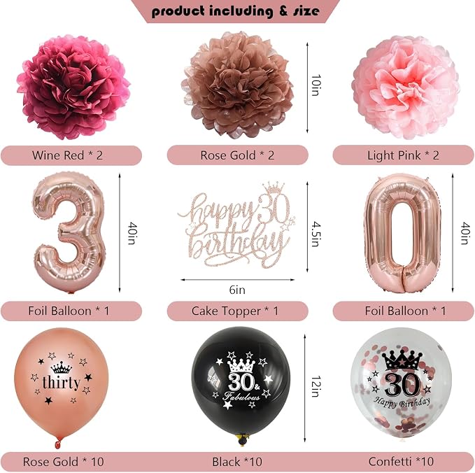 Happy 30th Birthday Decorations for Her, Black Rose Gold 30 Years Old Decor for Women Include Sash and Crown, 30pcs Balloons Banner 40" Number Balloons, Backdrop Cake Topper & Paper Pom Poms