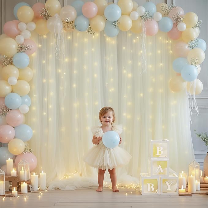 10x10ft Ivory Tulle Backdrop Curtain with Lights String for Parites, Sheer Photo Backdrop Curtains with Lights for Christmas Wedding Ceremony Reception Bridal Shower Baby Shower Birthday Party