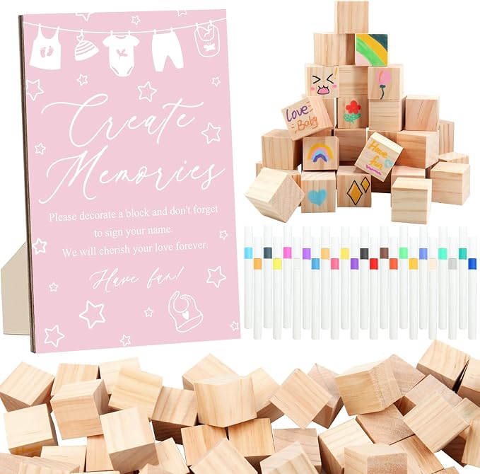 97 Pcs Pink Baby Shower Games Sign Kit,Including Decorate a Block Game Sign 72 DIY Blank Wooden Block 24 Pen to Draw Your Idea for Baby Shower Game Gender Reveal Party