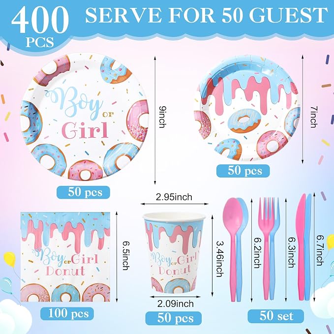 Pickmesh 400 Pcs Donut Themed Gender Reveal Party Supplies Include Boy or Girl Disposable Paper Plates Napkins Cups Cutlery for Blue Pink Gender Reveal Baby Shower Table Decorations Serve 50