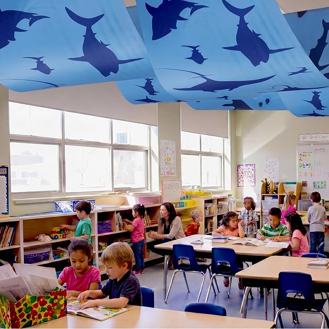 VioraWhite 3 Pcs Under the Ocean Ceiling Decorations Shark Themed Birthday Party Decorations 24 Inch x 12 ft Shark Manta Ray Banners Marine Sea Animal Ceiling Covers for Baby Shower Daycare Classroom