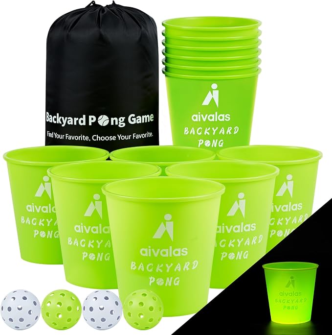 Aivalas Yard Pong Outdoor Games Glow Set in Dark, Giant Yard Pong Game for Adults and Family with 12 Buckets, 4 Balls and a Carrying Bag, Giant Pong for Beach, Camping, Lawn and Backyard