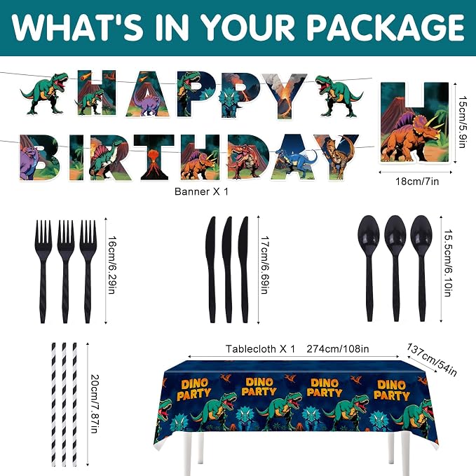 202 Pcs Dinosaur Birthday Party Supplies for 25 Guests – Complete Dino Tableware Set with Plates, Cups, Napkins, Cutlery, Straws & Tablecloth plus Bonus Checkers Game Party Decorations