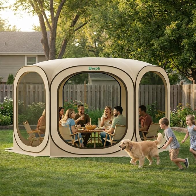 Werph 12x12 Pop Up Screen Tent, Mosquito Net Gazebo, UV Resistant, Beige | Roof Waterproof Screen Canopy, Quick Setup Outdoor Shelter for Backyard, Patio, Garden, Picnic, Camping and Events