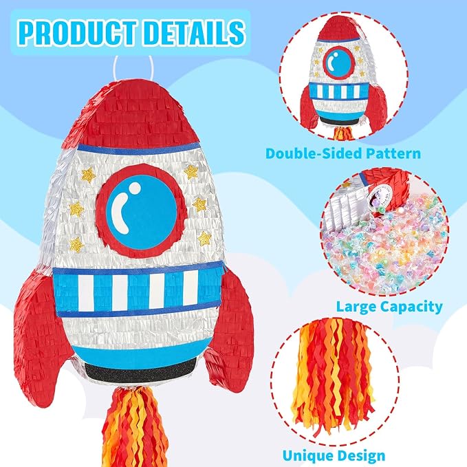 WERNNSAI Rocket Piñata - Rocket Ship Piñata Bundle with Blindfold and Bat Space Birthday Party Decoration for Boys Kids Family Games Space Ship Theme Party Supplies