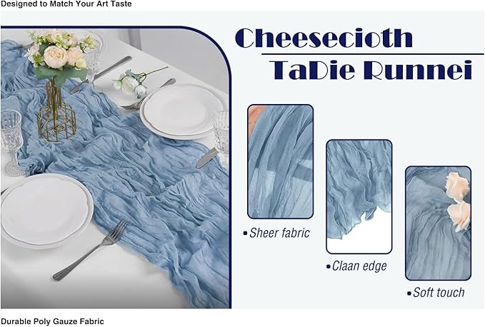 12 Pack Dusty Blue 10 Ft Cheesecloth Table Runner 21x120 Inch Boho Wrinkled Sheer Romantic Gauze Decor for Wedding, Bridal Shower, Birthday Party
