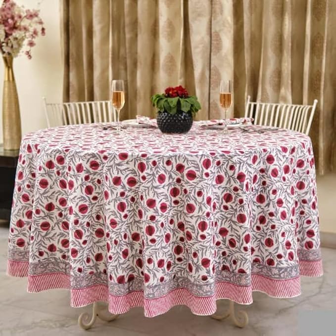 Ridhi Round Tablecloth Hand Block Print 100% Cotton Reusable Sangria Red 120 Inch Table Cover Decorative Everyday Use for Dining, Home, Party, Wedding, Farmhouse, Party Gift for Spring, Mother's Day