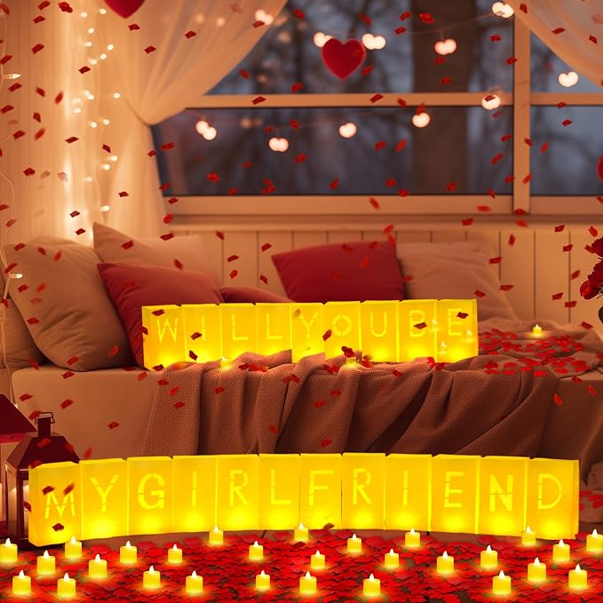 Aurelema 6093 Pcs Will You Be My Girlfriend Light up Letters with LED Flameless Tealight Candle Red Rose Petal Letter Luminary Paper Bag for Valentine's Day Decoration Romantic Special Night Decor