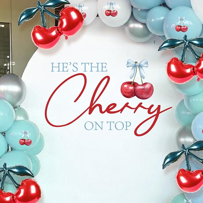 She’s The Cherry On Top Baby Shower Decorations - She’s The Cherry On Top Sign, Cherry Decal for Balloons Arch Backdrop, Blue First Birthday Decorations for Boys, 1St Party Supplies Banner for Boys
