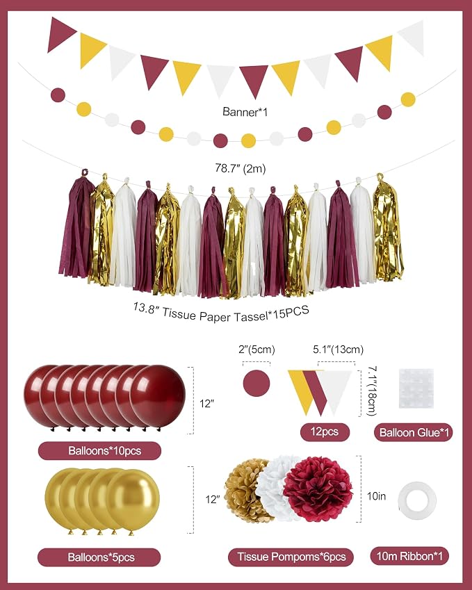 Burgundy Party Decorations Set with Paper Pom Poms, Tassel Garland, Triangle Banner, Circle Dots Garland, Balloons for Birthday, Baby Shower, Graduation