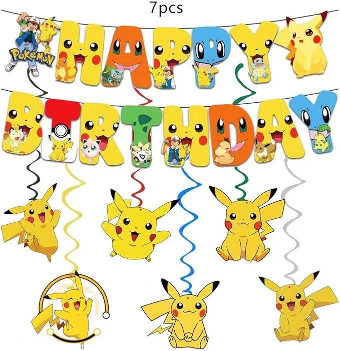 48PCS anime Birthday Party Supplies: 1*"Happy Birthday" Banner, 6Hanging Swirls, 1Tablecloth, 1Backdrop, 1Cake Topper, 24 Cupcake Toppers, 12Latex Balloons, 2Aluminum Balloons