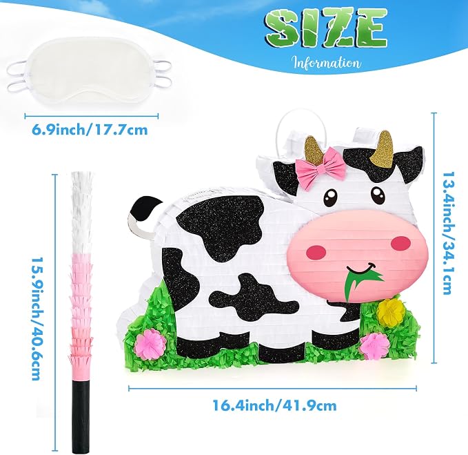 WERNNSAI Dairy Cow Piñata - Farm Animal Party Game Cow Piñata for Girls Birthday Party Decorations Kids Happy Party Favor Supplies with Bat Blindfold, Farm Theme Candy Toys Filler