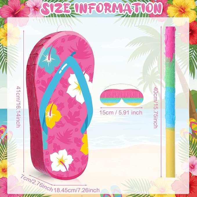 Blosssound Flip Flop Piñata Summer Themed Party Decorations Hibiscus Slippers Piñata with Blindfold Stick for Tropical Hawaiian Luau Beach Pool Theme Birthday Baby Shower Decor Supplies