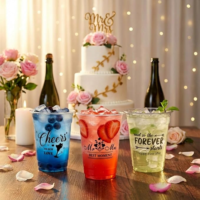 Wedding Plastic Cups Bulk 12oz Bridal Shower Cups Wedding Decorations for Reception Mr and Mrs Cheers to Love Bridal Party Supplies (6 Pcs)