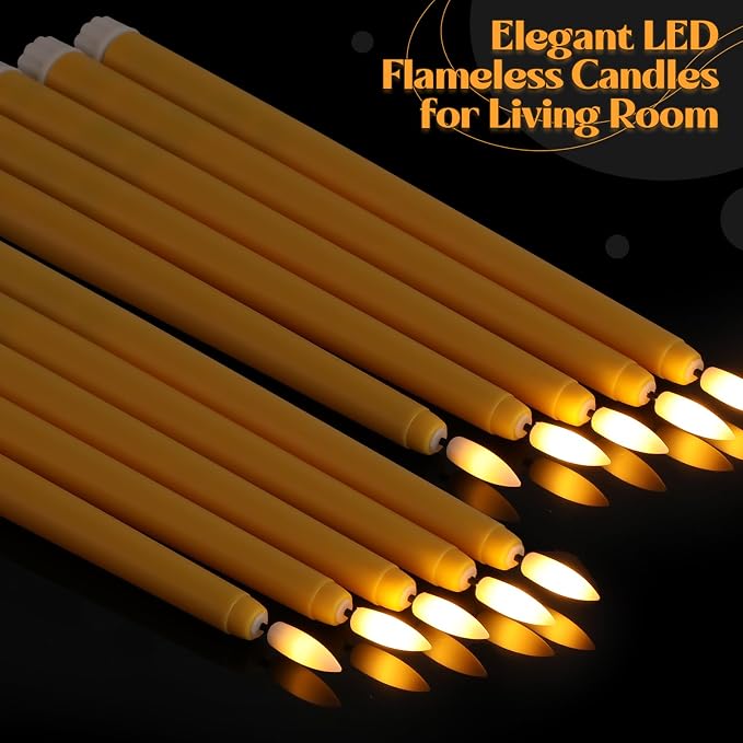 Macarrie 24 Packs Flameless Taper Candles Battery Operated Fake 11 Inch Long Candlelight LED Flameless Candlesticks Flickering Tapered for Summer Fall Wedding(Yellow)