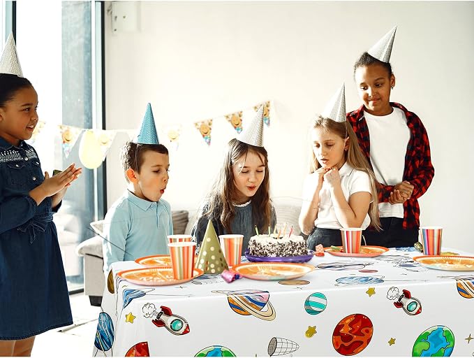 Oudain 6 Pcs Space Tablecloth Decorations Plastic Galaxy Table Cloth Space Theme Birthday Party Supplies for Boy Spaceship Planet Astronaut Rockets Disposable Table Covers, 54 x 108 Inch (White Style)