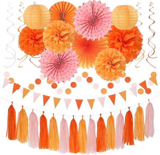 Fall-Boho Pink-Orange Thanksgiving Party-Decorations - 33pcs Autumn Friendsgiving Banner,Streamers Tassel Garland,Birthday Tissue Pom Poms, Paper Lantern Fans,Baby Bridal Shower Hanging Decor Hugtmr
