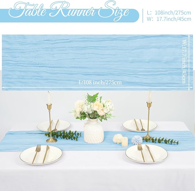 20 Pack Cheesecloth Table Runner 17 x 108 inch Long Boho Gauze Table Runners Semi Sheer Table Runner for Wedding Decor, Baby Shower, Birthday Party, Banquet (Light Blue)