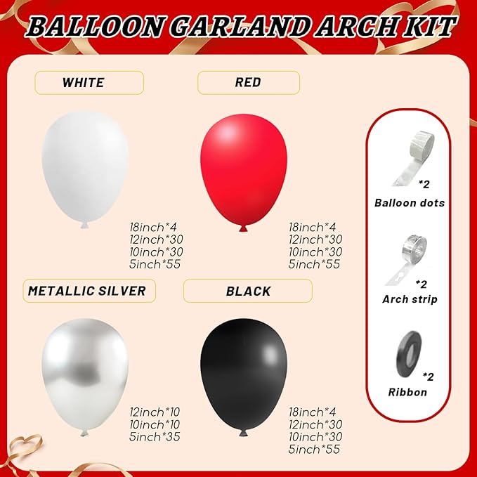 412Pcs Red Black and White Balloon Garland Arch Kit,18 12 10 5 Inch Different Size Red Black White Balloons for Shower Birthday New Year Graduation Wedding Racing Car Poker Party Decorations