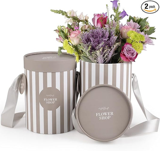 Striped Flower Hat Box 2 Pack | Round Flower Boxes for Arrangements | Satin Ribbon Handle & Waterproof Liner | Gift Box for Flowers with Lids