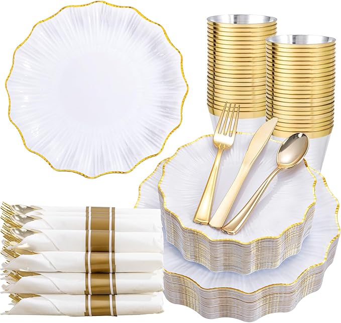 U-QE 175PCS Gold Plastic Plates - Disposable Dinnerware Set for 50 Guests - White and Gold Plates and Napkins Party Supplies include 50 Plates, 25 Per Rolled Napkins with Gold Cutlery, 25 Cups