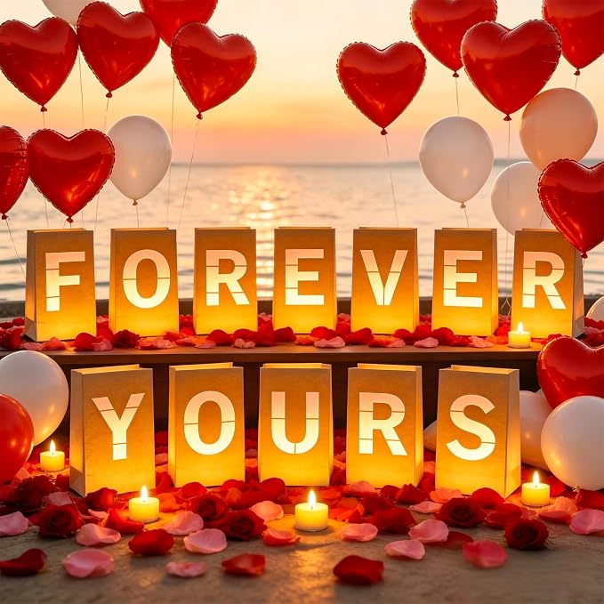FOREVER YOURS Light Up Letters, with Tea Lights Candles, Rose Petals, Pearlescent Foil Balloons - Luminary Paper Bags, Anniversary Decorations and Valentines' Day Decorations for Your Loved One