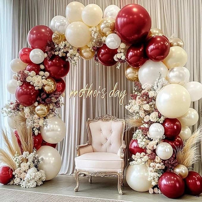Burgundy Gold Balloons Garland Double Stuffed Pearl White Gold Maroon Wine Red Balloon Arch Kit for Wedding Baby Shower Mother's Day Birthday Party Decoration