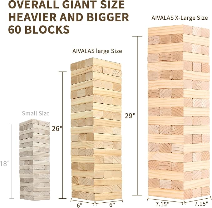 Aivalas X-Large Size Giant Tumble Tower, 60 Blocks Outdoor Games Stacking Games Includes Dice Carrying Bag Scoreboard, Stacking Over 5FT for Backyard Lawn Party Playing