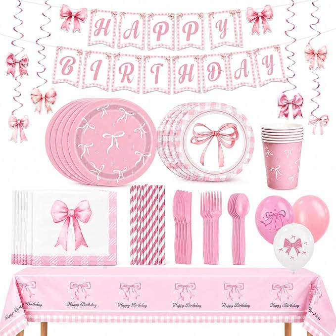 Glitter Diamond Theme Party Gold Plate Napkins Birthday Party Supplies Disposable Birthday Dinnerware Set,Girls Birthdays Party Plates Sets With Cups Forks knives Serve 24 (Pink Bow, 24)