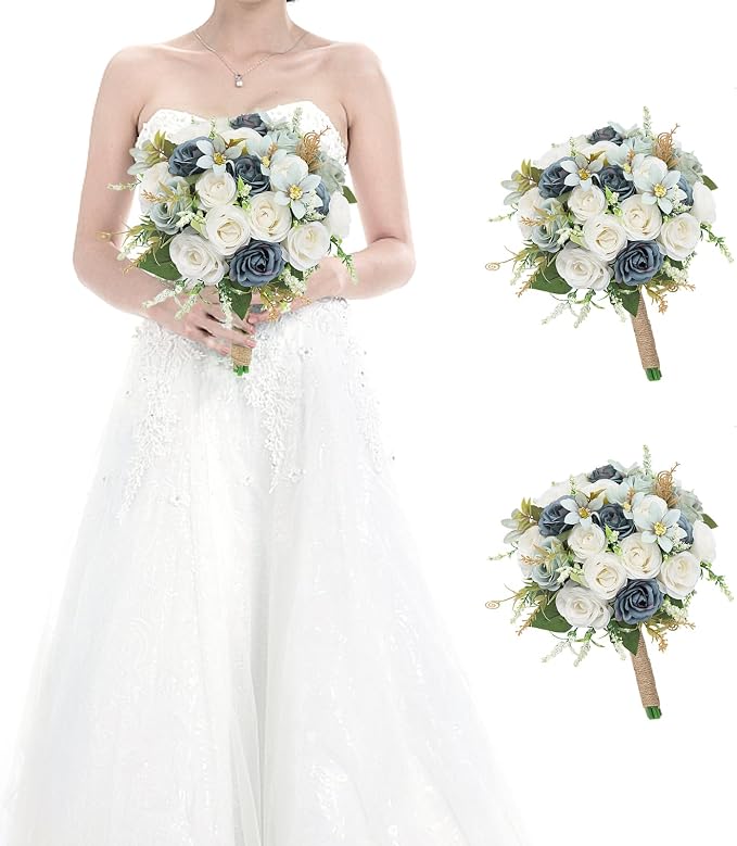 Set of 2 Bridesmaid Bouquets for Wedding - 7 Inch Artificial Rose Flower Bouquet for Bridesmaids Pre-Made Floral Bouquets Party Ceremony Anniversary Decor - Dusty Blue