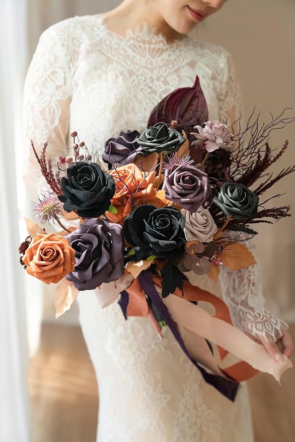 Ling's moment Fake Flowers Box, Faux Artificial Greenery Stems Foam Roses Gardenia Anthurium Silk Willow Eucalyptus Fabic Flower for Centerpieces Bouquet Vase, Black & Orange & Purple, Deluxe Combo