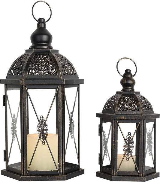 Large Lantern Decorative Outdoor & Indoor, Set of 2 (15’’&10’’) Metal Candle Lanterns Decor, Vintage Hanging Candle Holder for Front Porch Patio Wedding Farmhouse Home, Spring Decoration