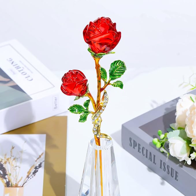 YWHL Handmade Red Rose Flower Crystal Figurine with Vase, Bouquet Glass Flowers Ornament Rose Gifts for Wife Girlfriend Women, Crystal Flower Home Table Decor for Anniversary Wedding
