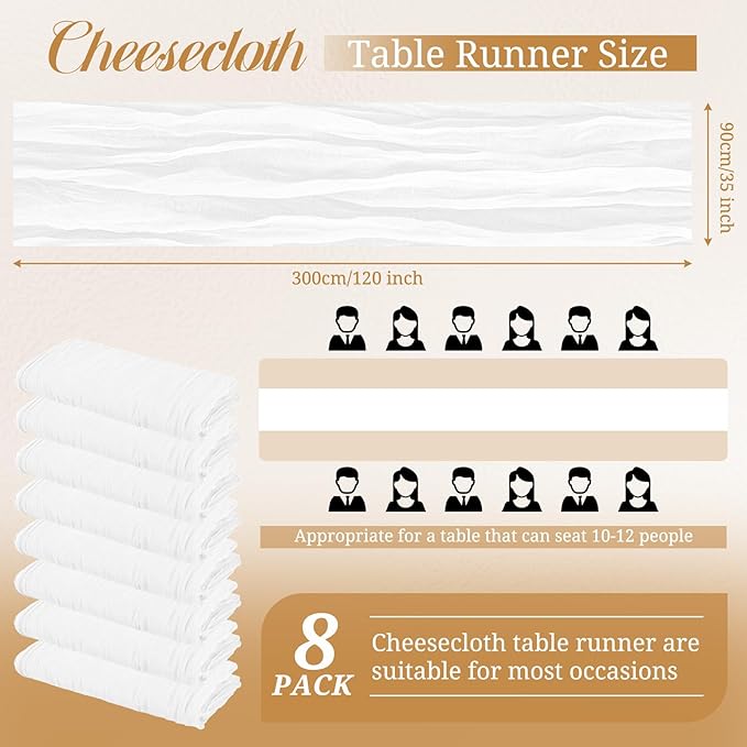Pesonlook 8 Pack Cheesecloth Table Runner, 10Ft Boho Gauze Table Runner 35×120 Inch Rustic Romantic Long Table Runner for Wedding Party Bridal Shower Thanksgiving Christmas Decoration (White)