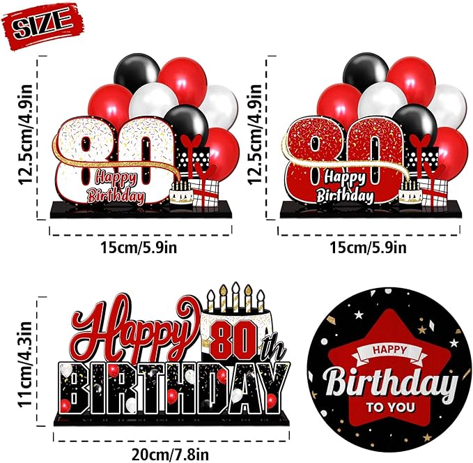 LINGTEER Happy 80th Birthday Red Acrylic Table Topper Centerpieces Set - Cheers to Eighty Years Old Birthday 80th Bday Party Gift Decorations.