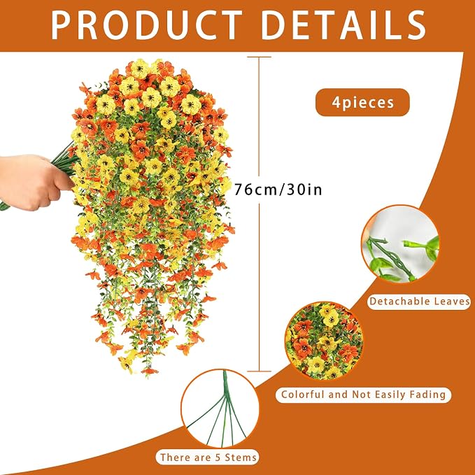 4PCS Artificial Hanging Flowers for Outdoors Summer Decoration, Upgrade UV Resistant Faux Silk Hanging Plants for Outside Home Planter Porch Patio Decor (Orange&Yellow)