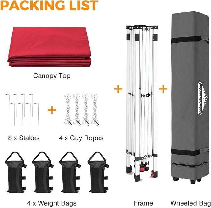 EAGLE PEAK Pop Up Canopy Tent with Wheeled Carry Bag, 8 Stakes, 4 Ropes, 4 Weight Bags, Easy Set Up Tent Canopy, 10x10 ft, 100sqft of Shade, Red