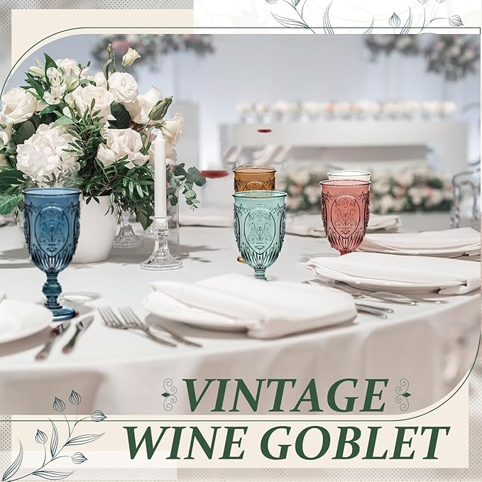 Wiwiqing 24 Pcs Plastic Goblets 7.5oz Vintage Goblet Plastic Wine Glasses Colored Retro Embossed Water Goblets for Wine Bar Juice Baby Shower Wedding Reception Grand Event Party (Mixed Color)