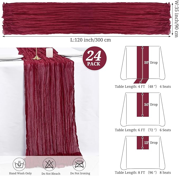 24 Pack Burgundy Cheesecloth Table Runners,10FT Boho Gauze Table Runner,35x120inch Rustic Table Runner for Wedding Party Bridal Shower Thanksgiving Christmas Boho Table Decoration