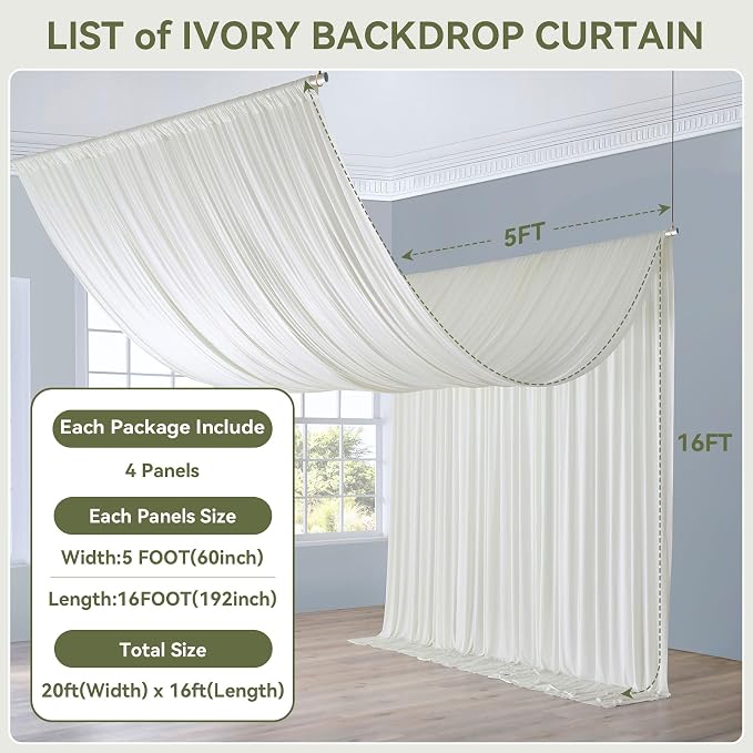 20x16ft Ivory Backdrop Curtains for Wedding Party, 4 Panels 16 ft Long Back Drop Cloth, Wrinkle-Free Polyester Drapes for Birthday, Baby Shower, Stage Photography Background