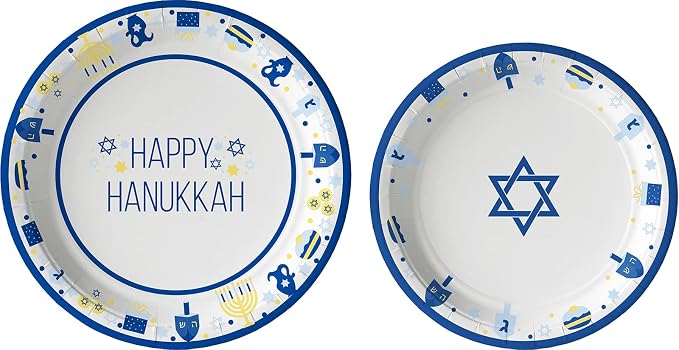 Happy Hanukkah Tableware Pack: Disposable Paper Plates, Napkins and Cups Set for 20