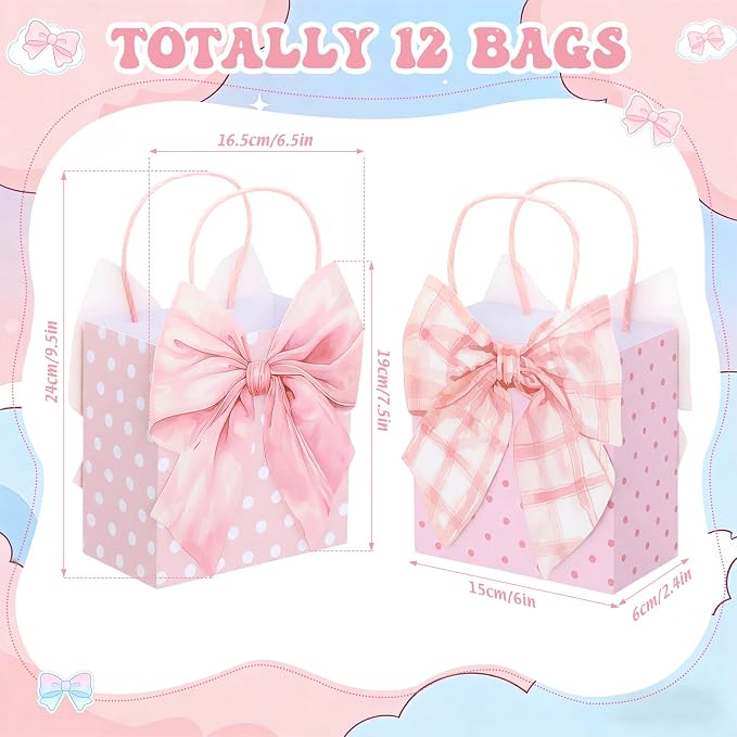Tosstuki 12 Pcs Pink Bow Party Favor Bags 3D Coquette Bow Birthday Gift Goodie Bags with Handles Cute Girly Treat Paper Bag for Women Birthday Wedding Party Decorations Supplies